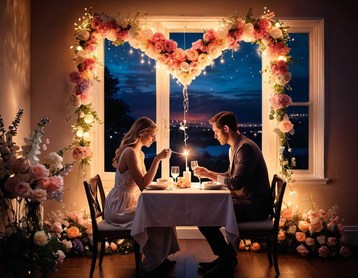 A warm, inviting scene of a couple sharing a romantic dinner by candlelight, surrounded by soft flowers and twinkling lights. Heart-shaped elements subtly incorporated into the atmosphere, with soft pastel colors enhancing the mood. Symbols of love like intertwined hands or a heart-shaped balloon in the background. Elegantly designed typography overlay featuring the title. super-realistic. vibrant colors. warm lighting.