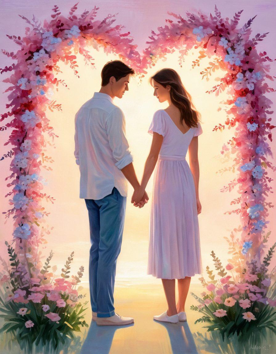 A serene setting featuring a couple gently holding hands, surrounded by soft, warm lighting that symbolizes affection. In the background, blooming flowers and subtle heart shapes create an atmosphere of romance. The couple's expressions reflect tenderness and connection, capturing the essence of affectionate gestures. Include delicate pastel colors to enhance the softness of the scene. painting. soft focus. pastel colors.