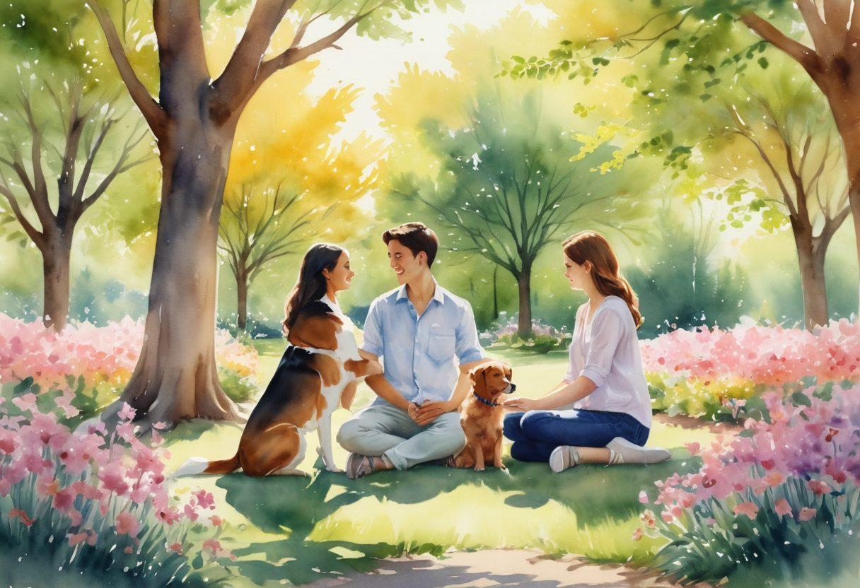 A couple sitting together in a cozy park, sharing a loving gaze while holding hands, surrounded by playful dogs and blossoming flowers, symbolizing connection and love. Soft sunlight filtering through trees, creating a warm and inviting ambiance. watercolor style. vibrant colors. soft focus.